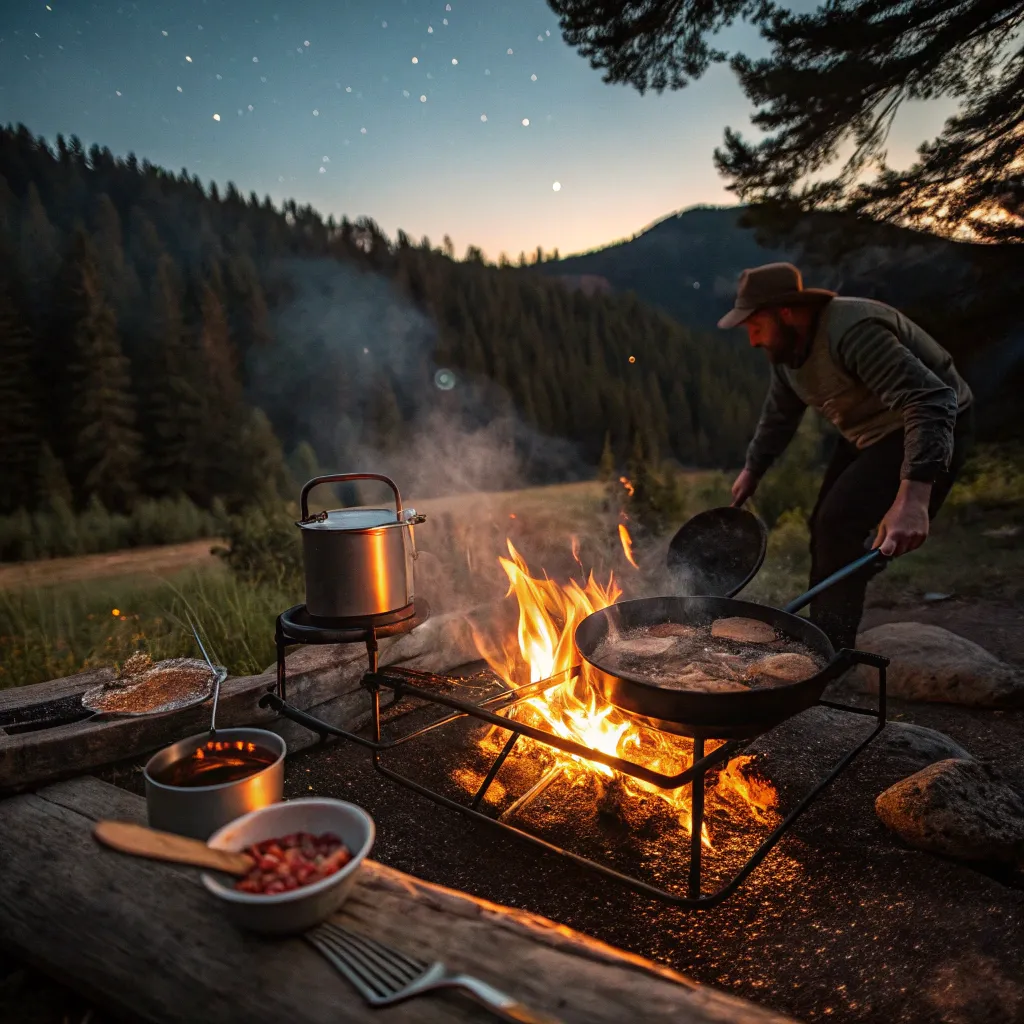 Outdoor cooking over open fire