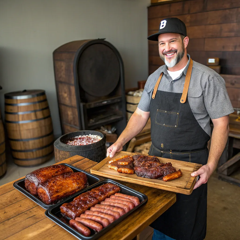 A proud pitmaster displaying his crafted smoked meats